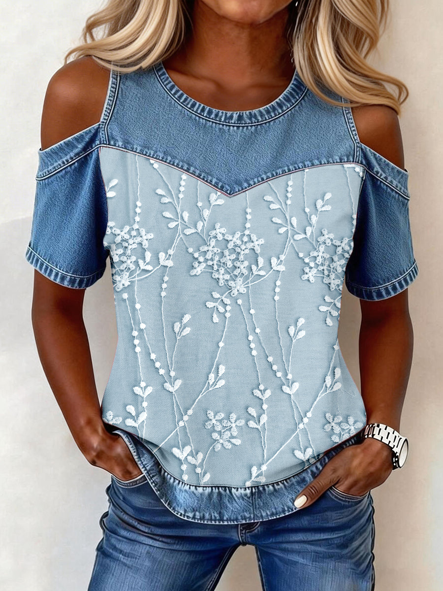 Women's Elegant Floral Pattern Denim Patchwork Top