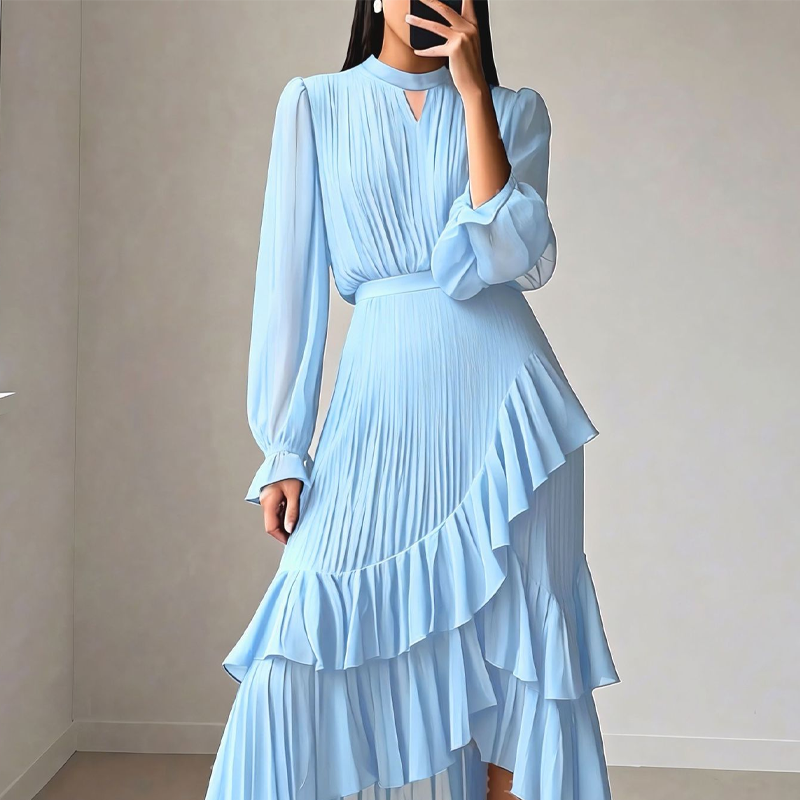 Women's Keyhole Neckline Ruffled Midi Dress
