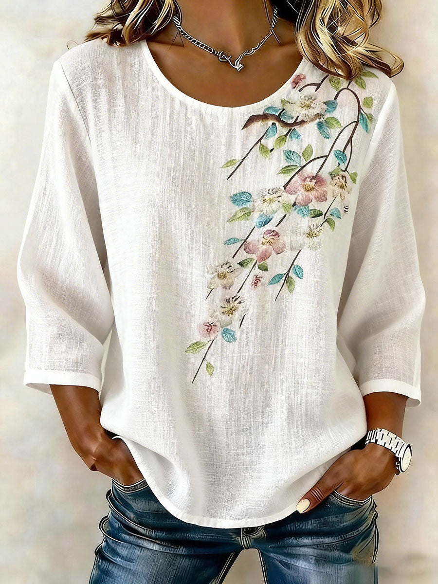 Women's Floral Cotton-Linen Casual T-Shirt