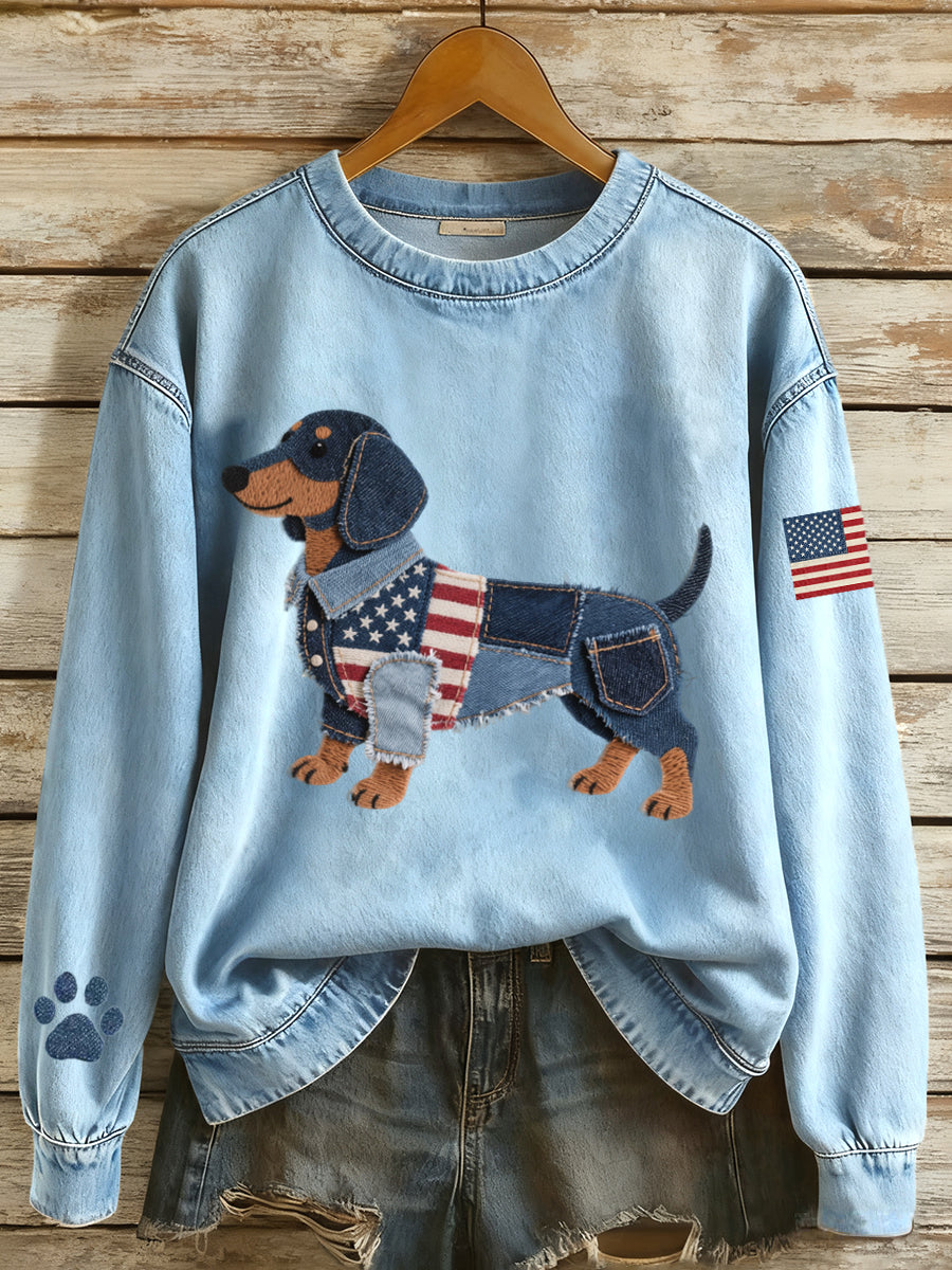 Women's Flag Inspired Dachshund Dog Denim Patchwork Pattern Sweatshirt
