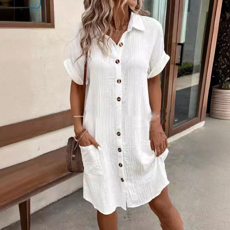 💎56% OFF! 💎 Women's Buttoned Short Sleeve Pocket Shirt Dress – Cotton Blend, Relaxed Fit & Everyday Versatility (M–2XL) 👗🌿