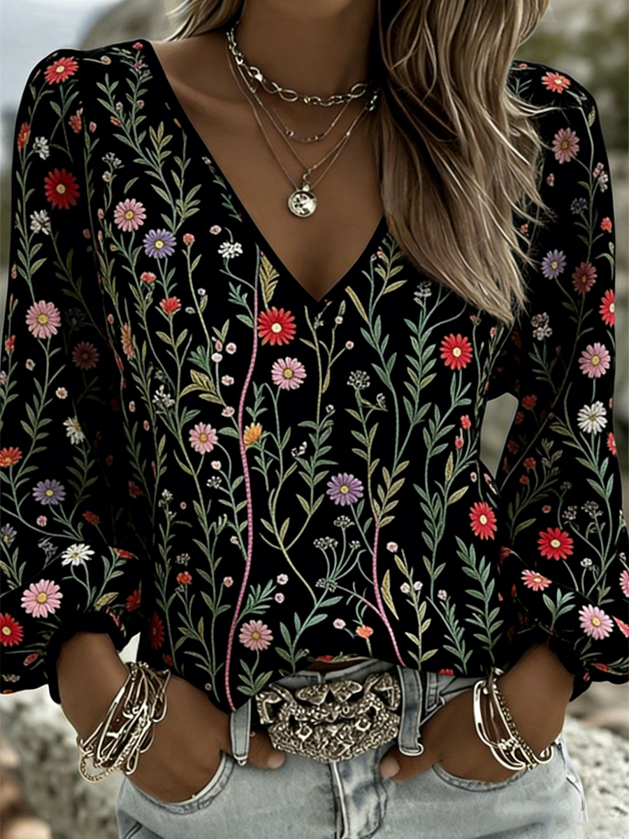 Women's Flower V-neck Cotton And Linen Long T-shirt