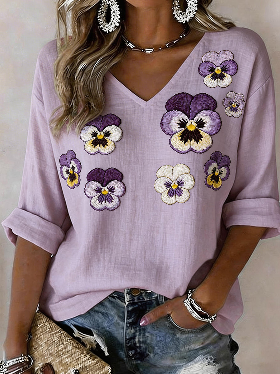 Women's Pansy Floral Embroidery Pattern Linen Blend Shirt