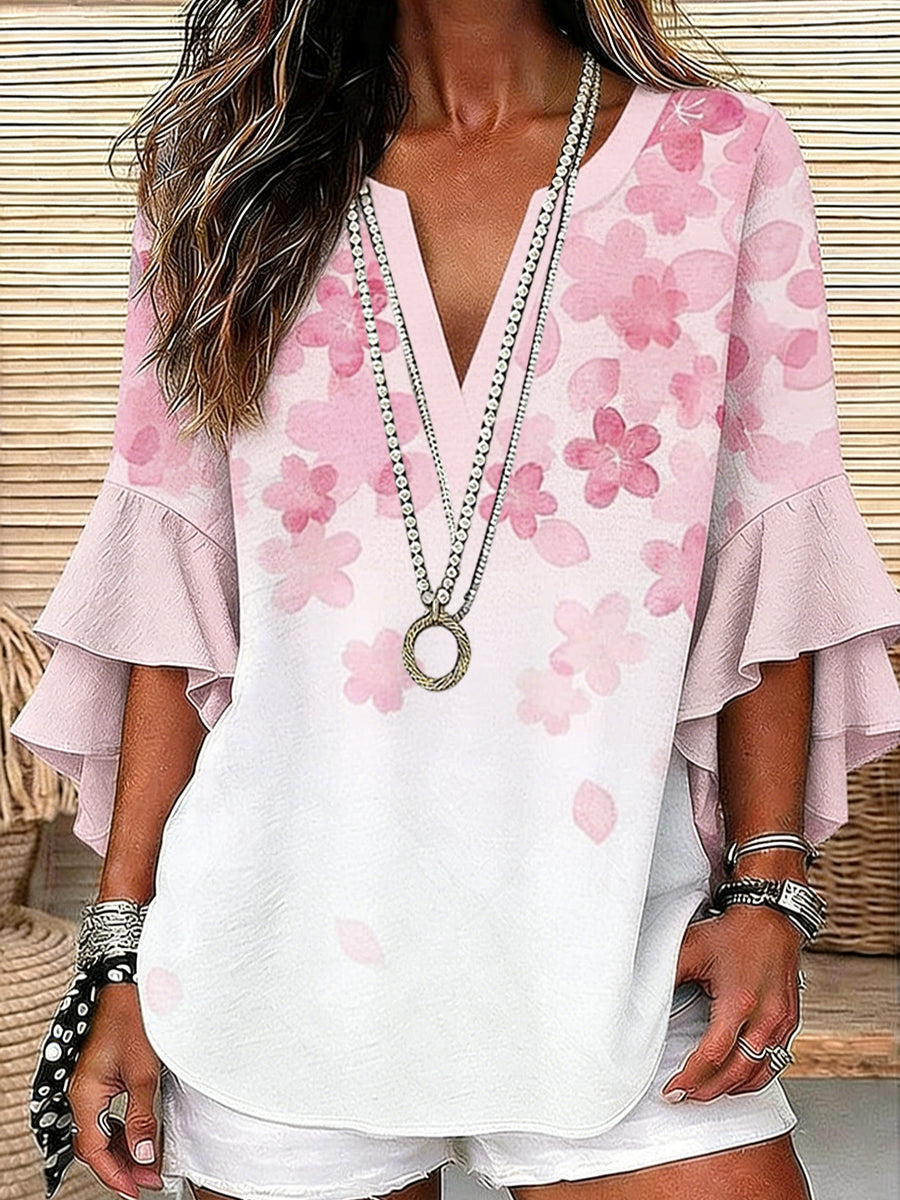 Women's Floral Art Printed V-Neck Casual Linen Shirt