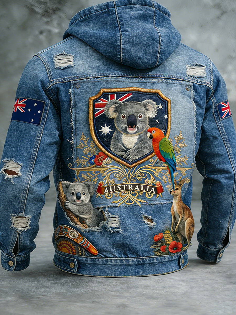 Retro Australian-Style Art Print Casual Hooded Jacket