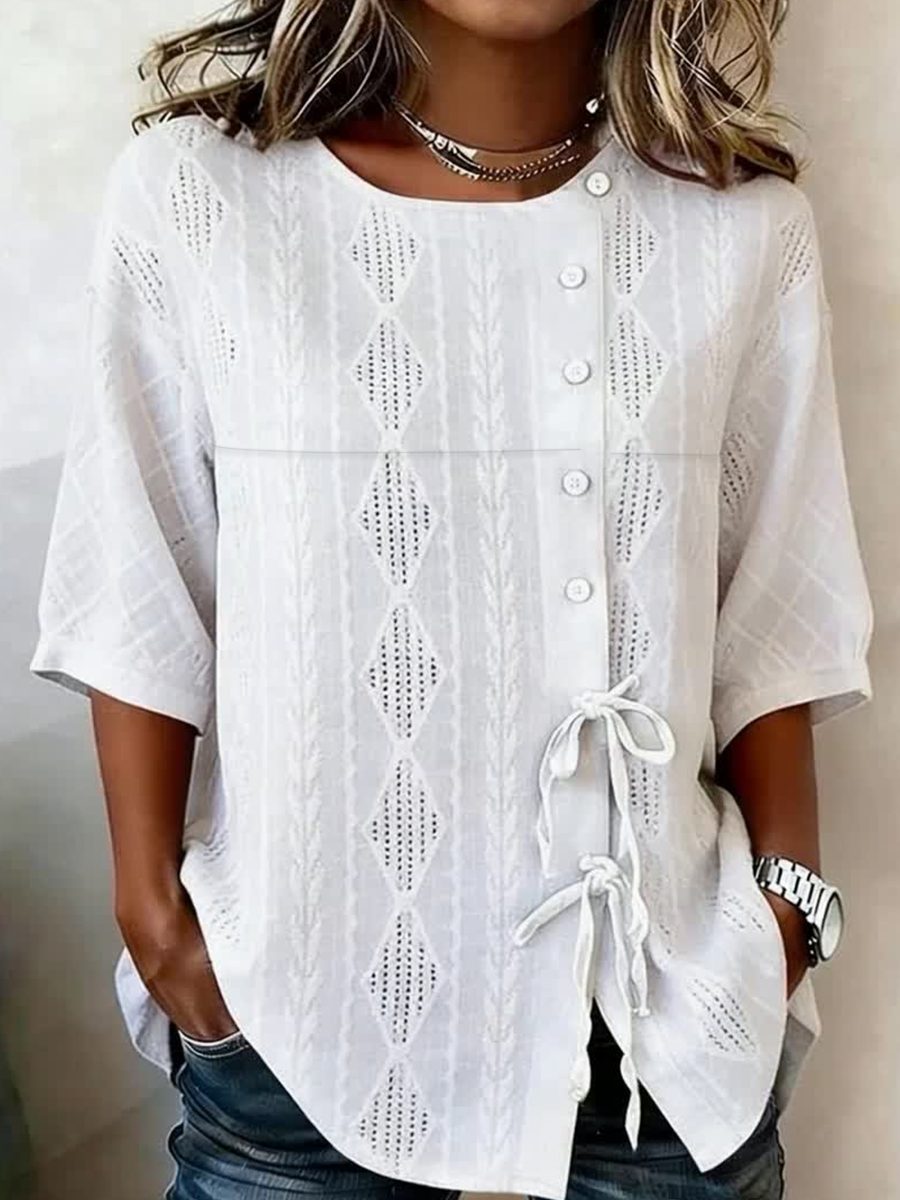 Women's Plant And Flower Buttoned And Laced Cotton And Linen Shirt