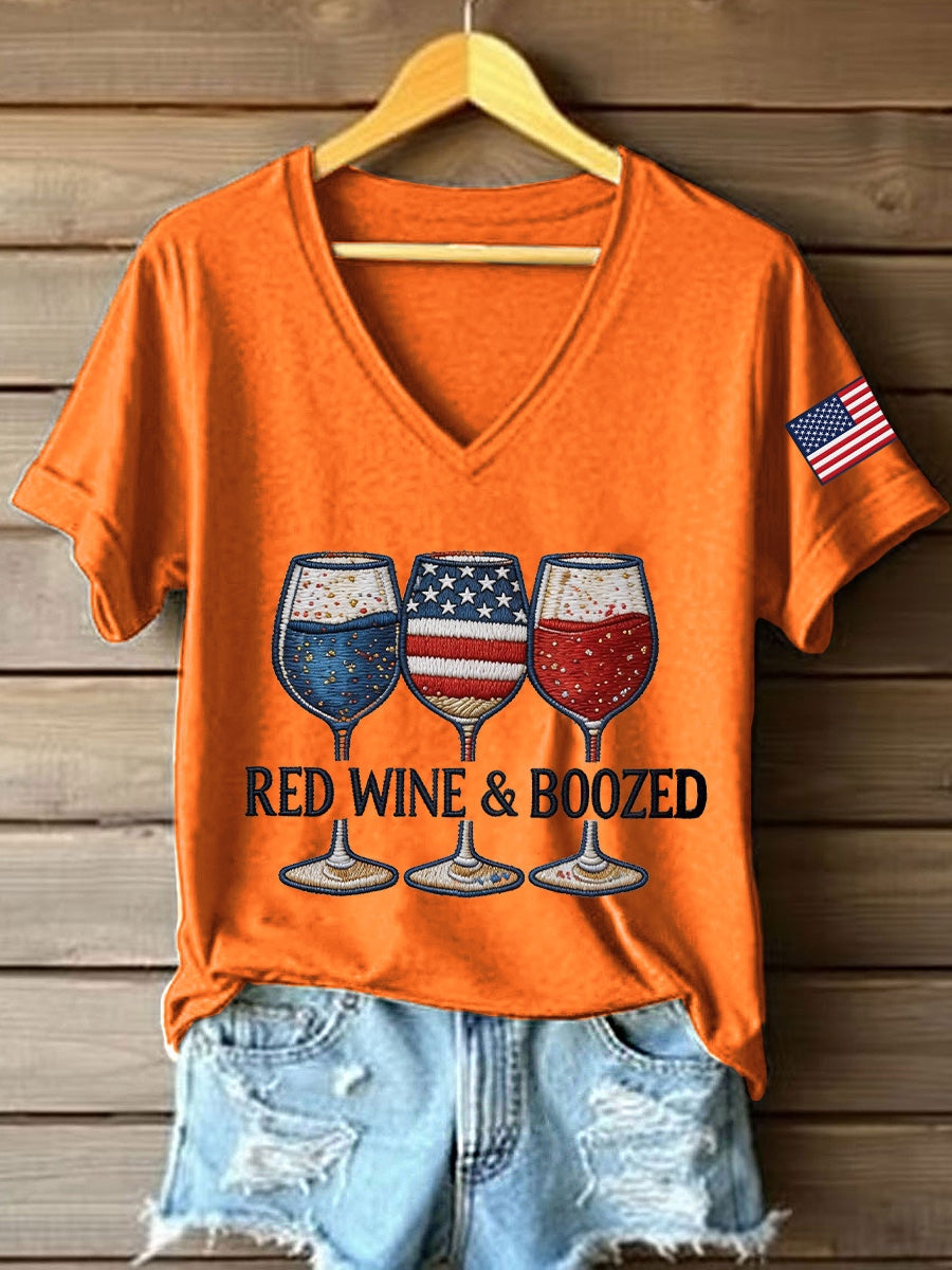 Women's Red Wine & Boozed Embroidery Pattern V-Neck T-Shirt