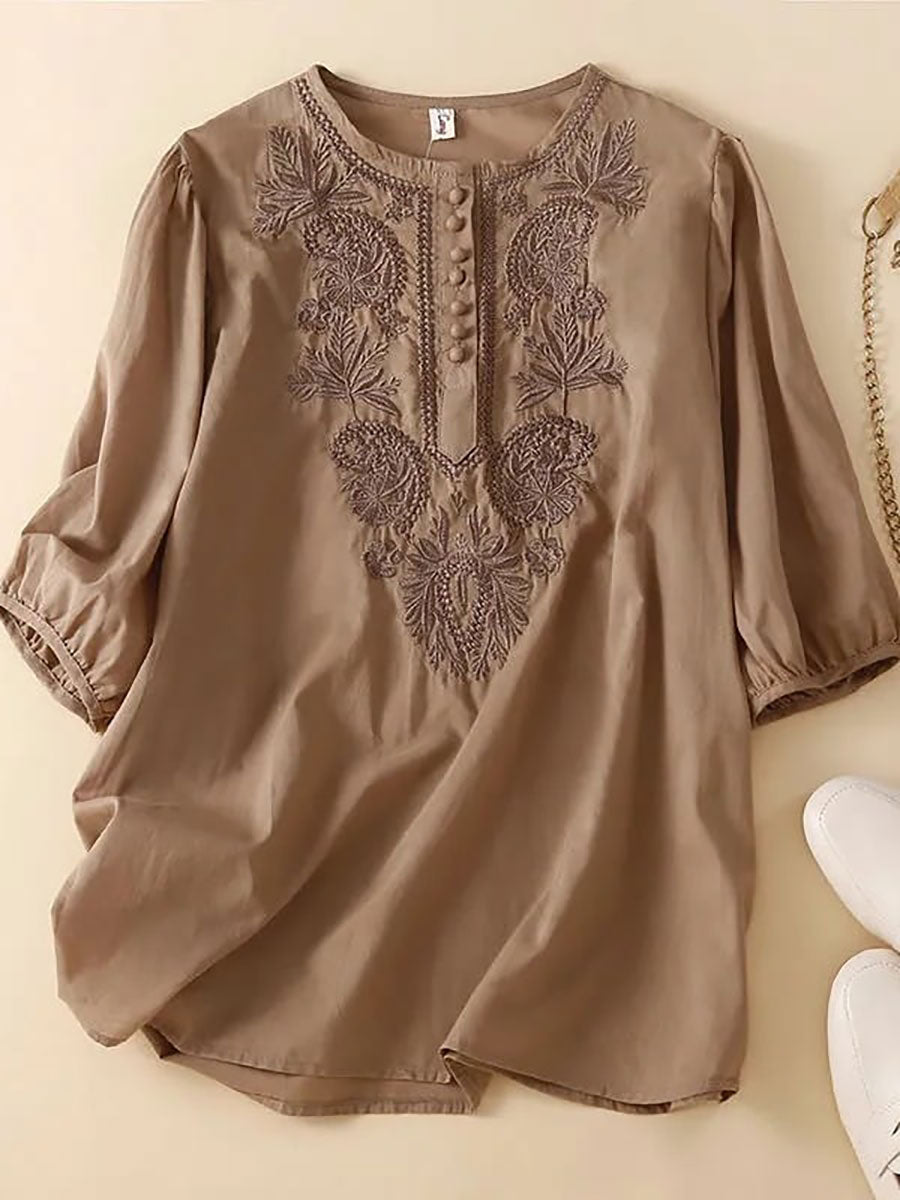 Women's Floral Cotton and Linen T-Shirt