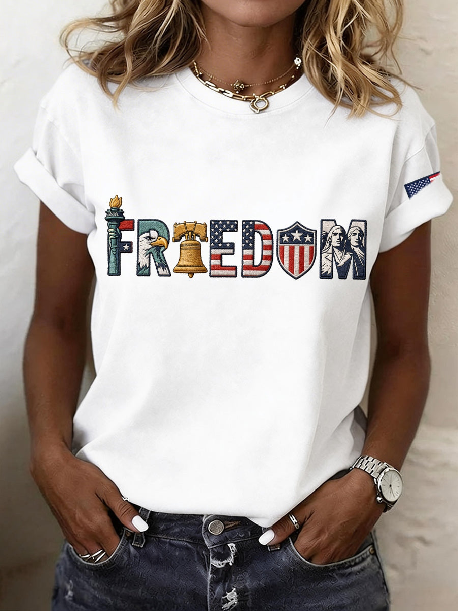 Women's Freedom Embroidery Pattern T-Shirt