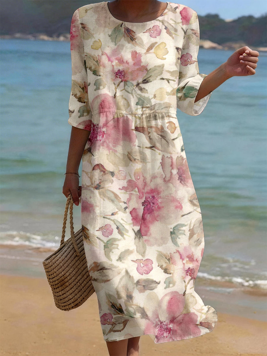 Women's Elegant Floral Pattern Linen Blend Dress