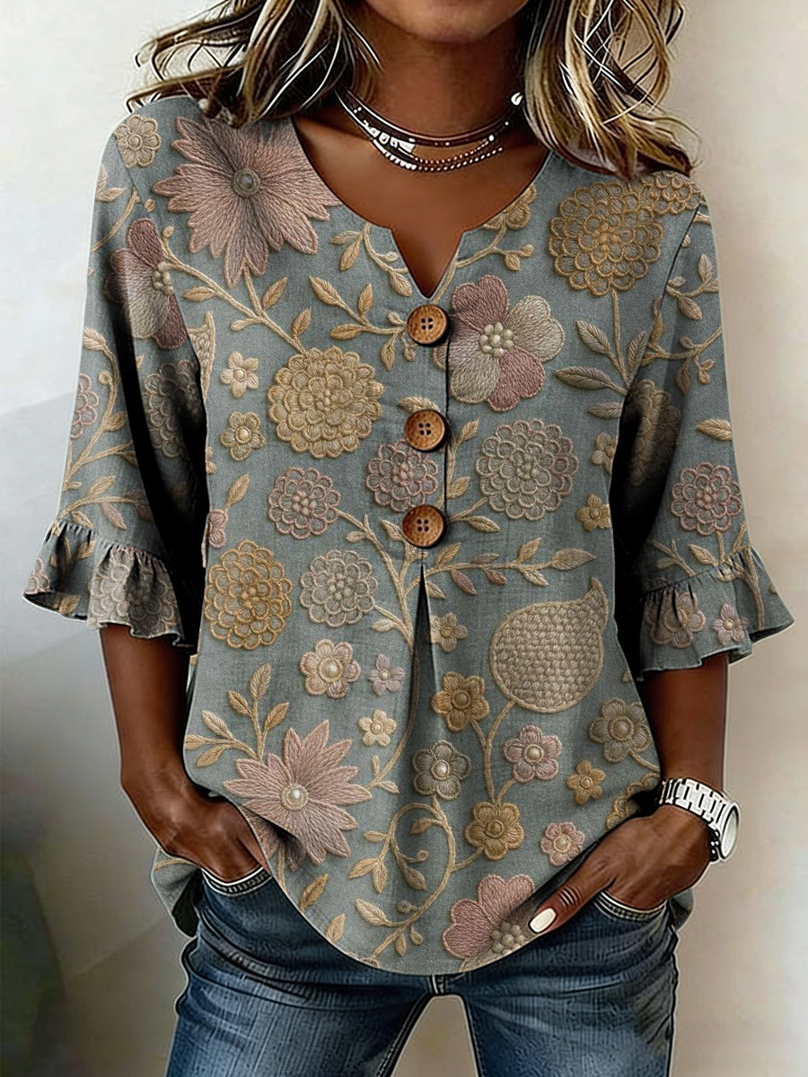 Women's Casual Floral Linen Shirt