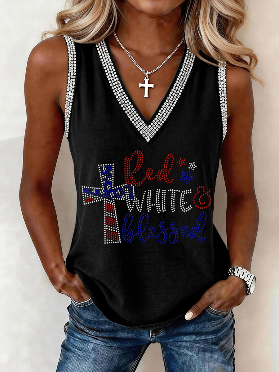 Women's Red White and Blessed Rhinestone Pattern V-Neck Tank Top