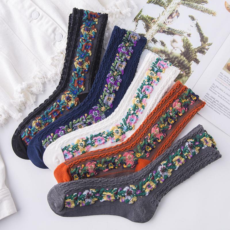 Vintage Embroidered Floral Socks (5 par)