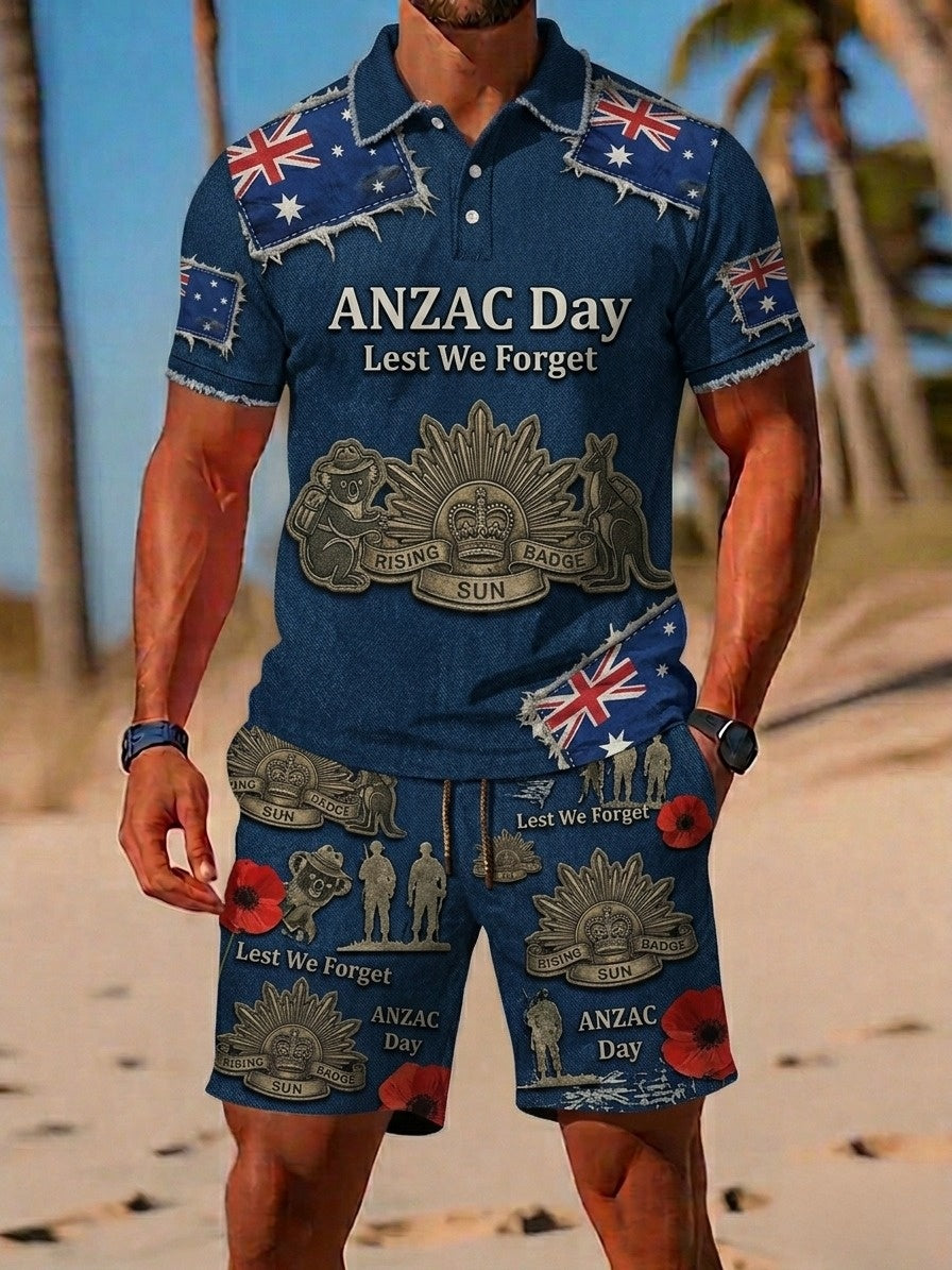 Retro Australian-Style Art Print Casual Polo & Shorts Set