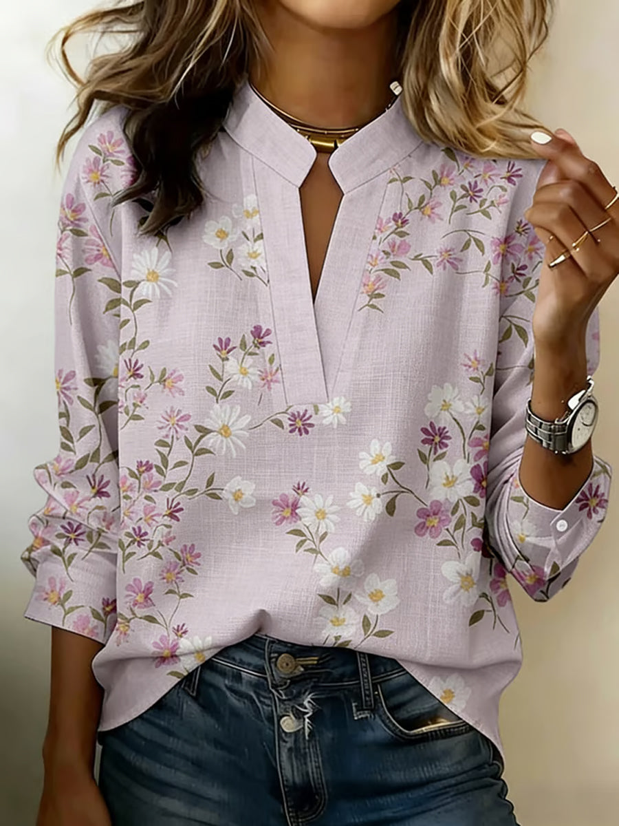 Women's Floral Pattern Linen Blend V-Neck Shirt