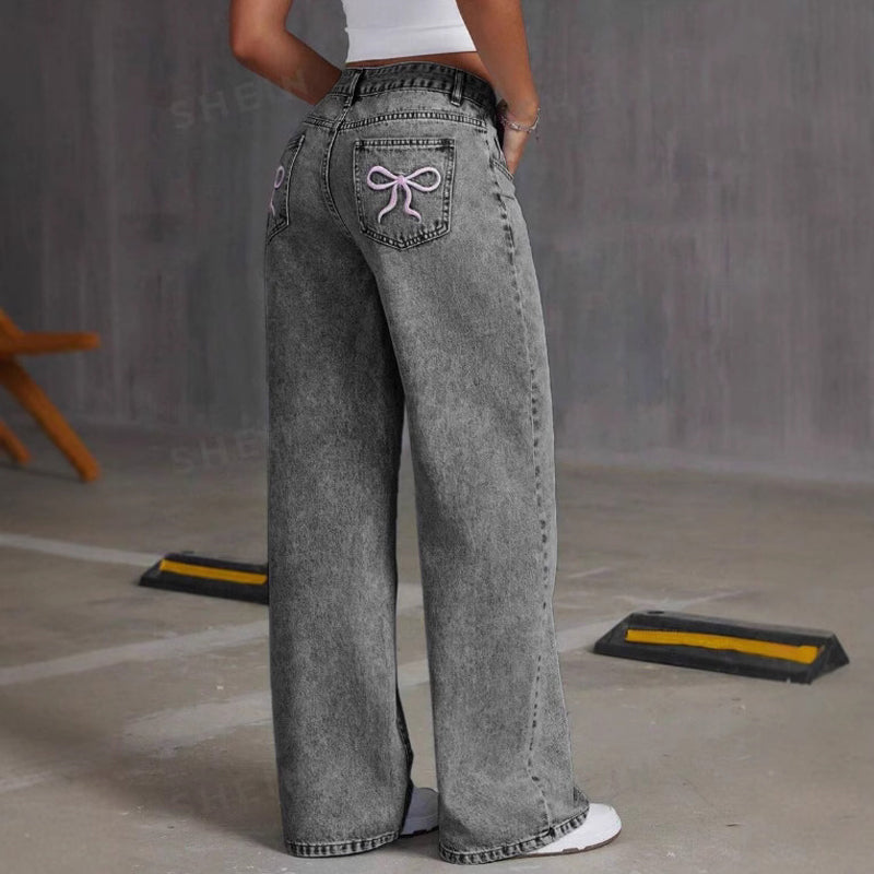 Bow Embroidered High-Waist Straight-Leg Jeans