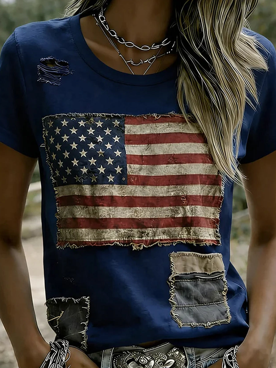 Women's Retro Patriotic Art Commemorative Print Casual T-Shirt