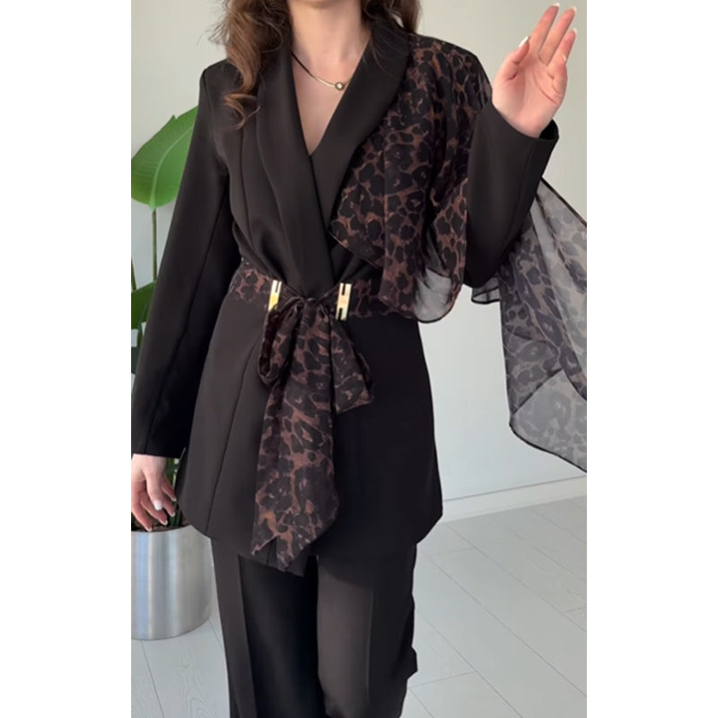 Women's Leopard Accent Blazer & Pants Set