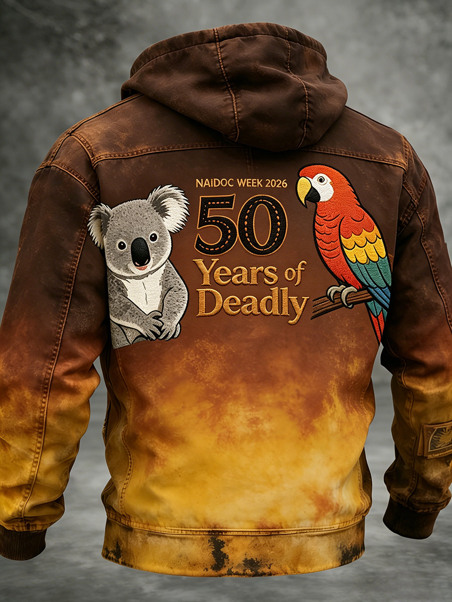 Retro Australian-Style Art Print Casual Hooded Jacket