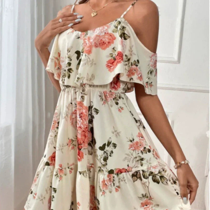 Women's Boho Floral Print Cold Shoulder Dress
