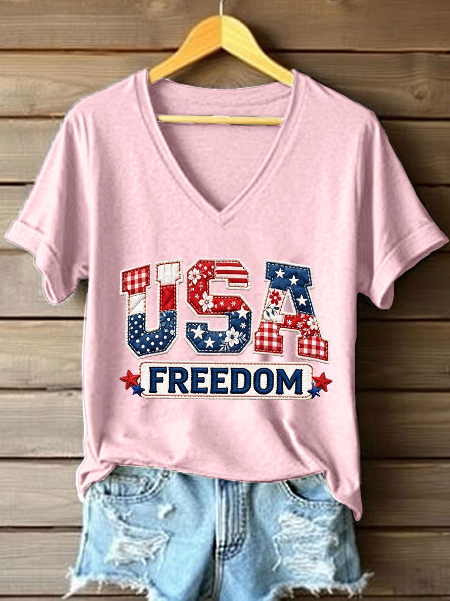 Women's USA Embroidery Pattern V-Neck T-Shirt