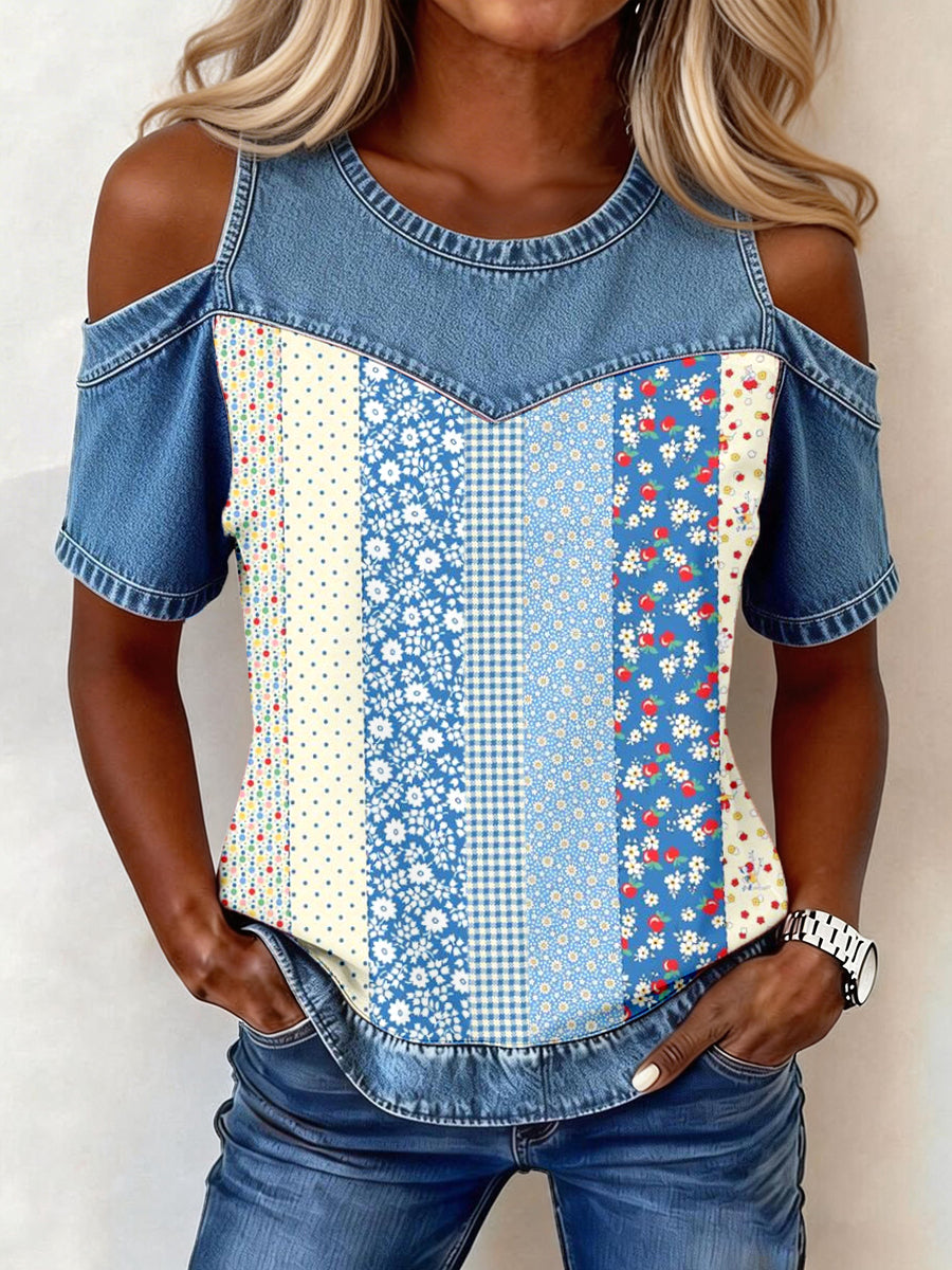 Women's Elegant Floral Pattern Denim Patchwork Top