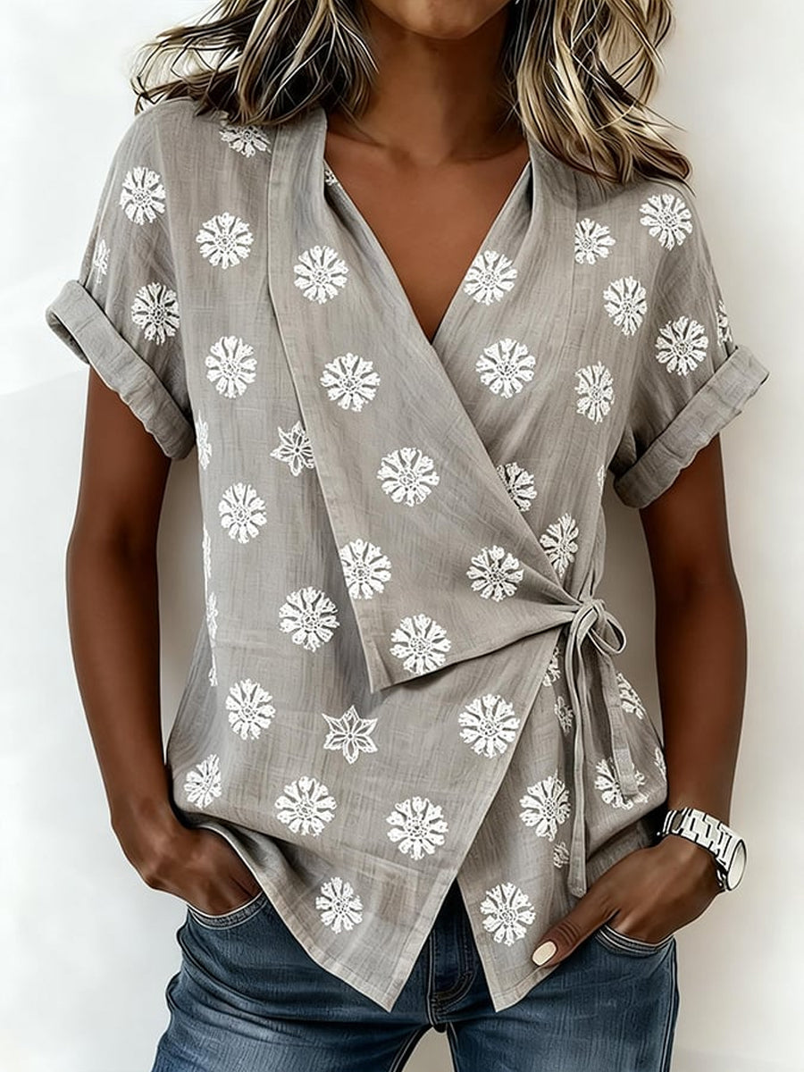 Women's Vintage Geometric Floral V-Neck Blouse
