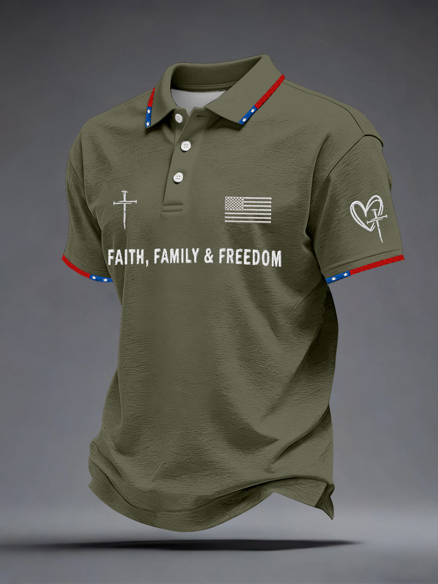 Men's Faith Family Freedom Embroidery Pattern Polo Shirt