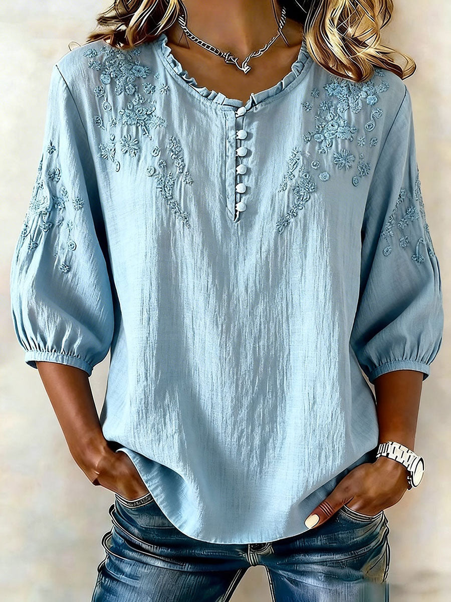 Women's Floral Cotton-Linen Casual T-Shirt