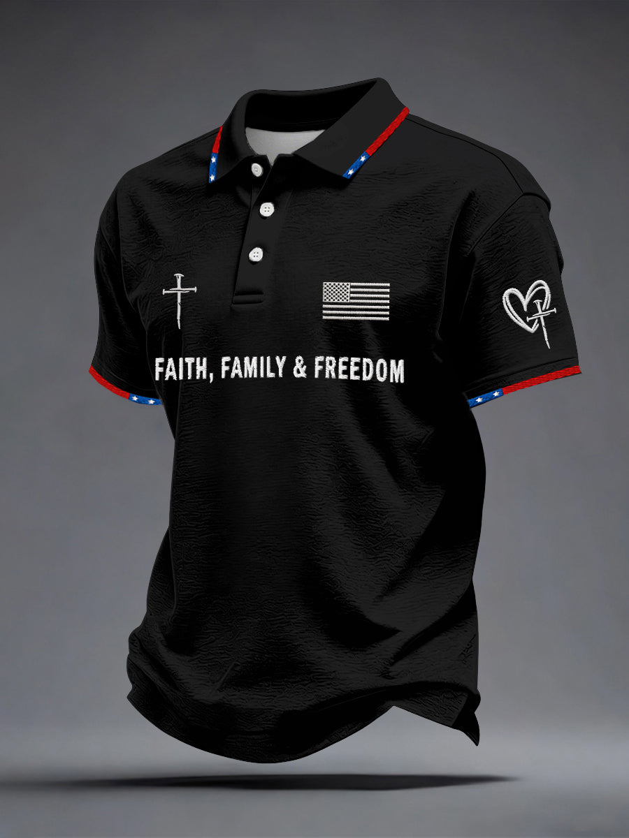 Men's Faith Family Freedom Embroidery Pattern Polo Shirt
