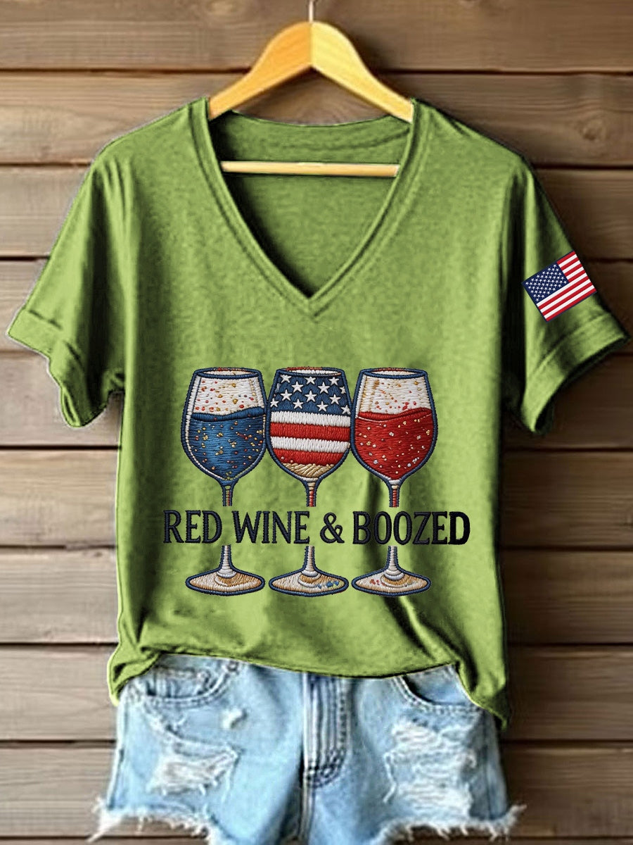 Women's Red Wine & Boozed Embroidery Pattern V-Neck T-Shirt