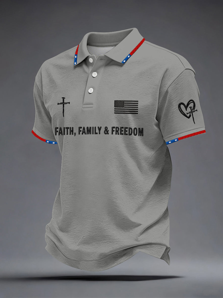 Men's Faith Family Freedom Embroidery Pattern Polo Shirt
