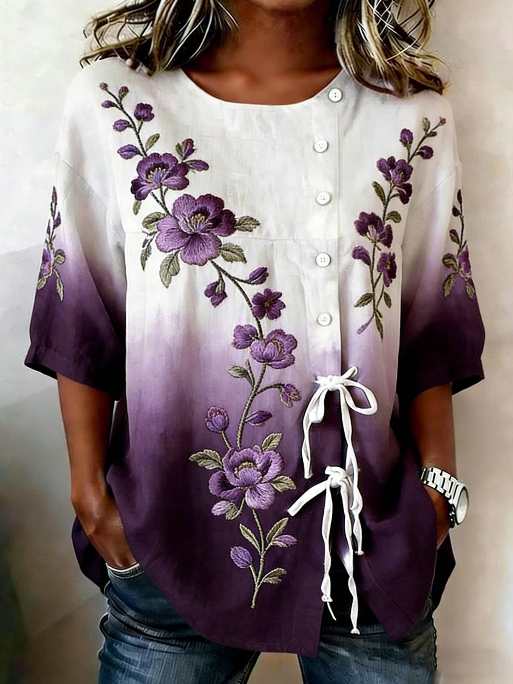 Women's Floral Buttoned Linen Blend Shirt