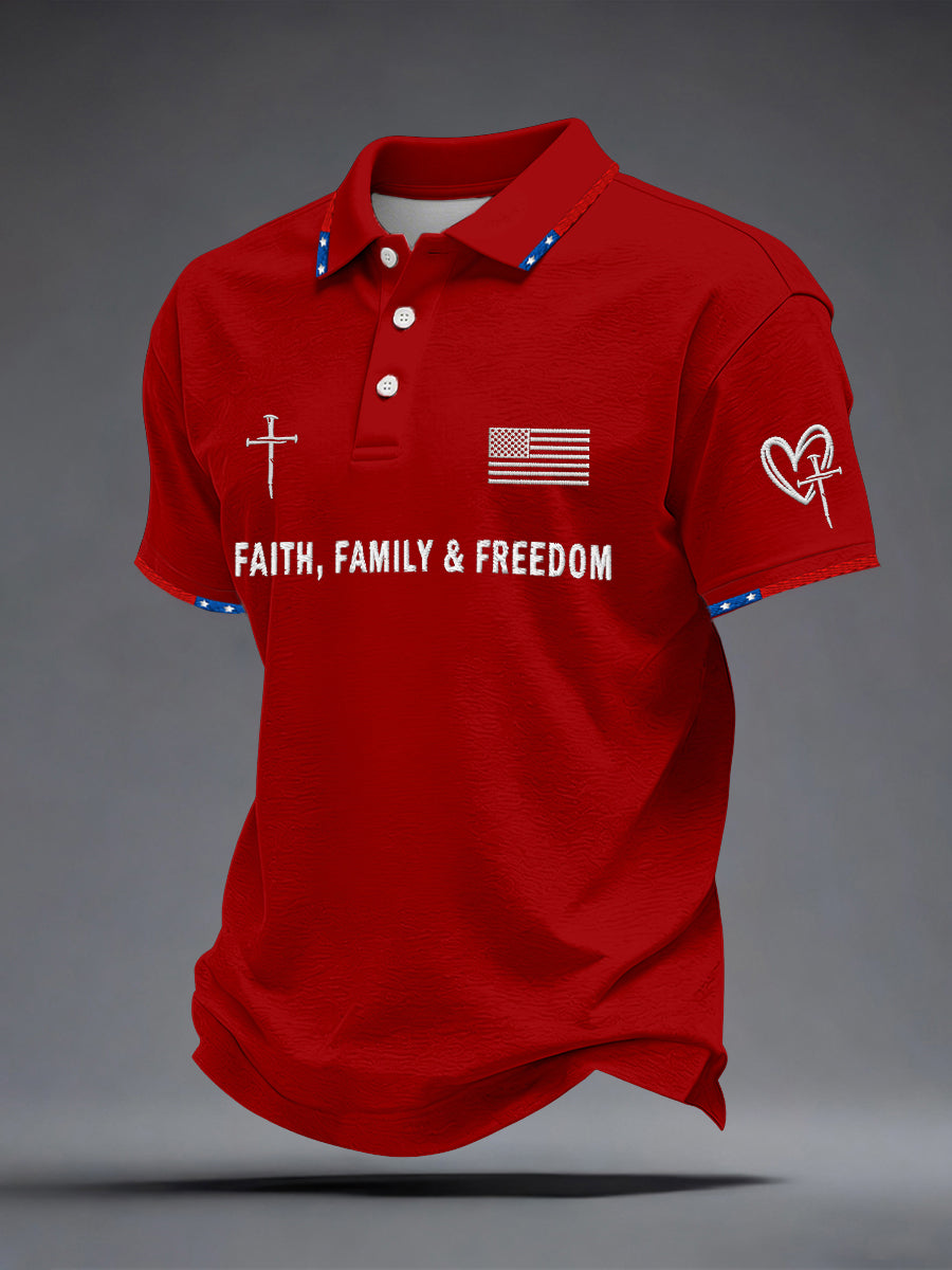 Men's Faith Family Freedom Embroidery Pattern Polo Shirt