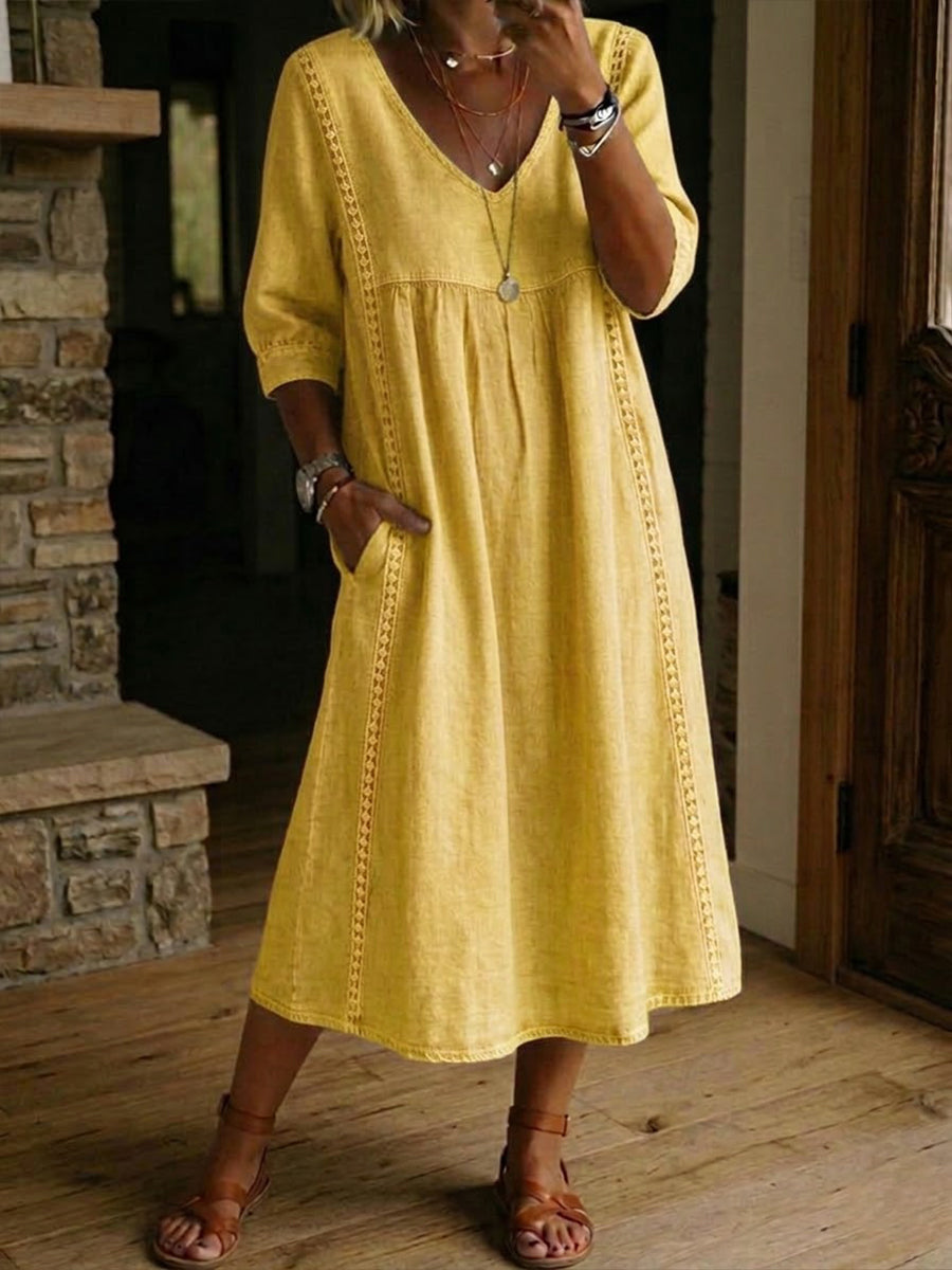 Women's Vintage V-Neck Cotton-Linen Dress