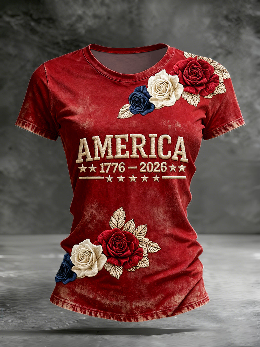 Women's Anniversary Embroidery Pattern Vintage Washed T-Shirt