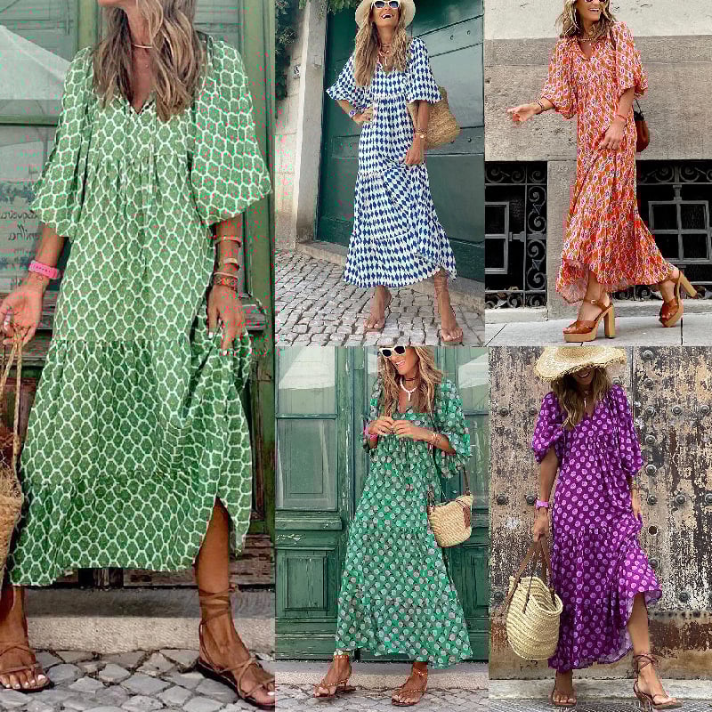 🌸Big price reduction🌸Women's Elegant Puff Sleeve Floral Boho Maxi Dress