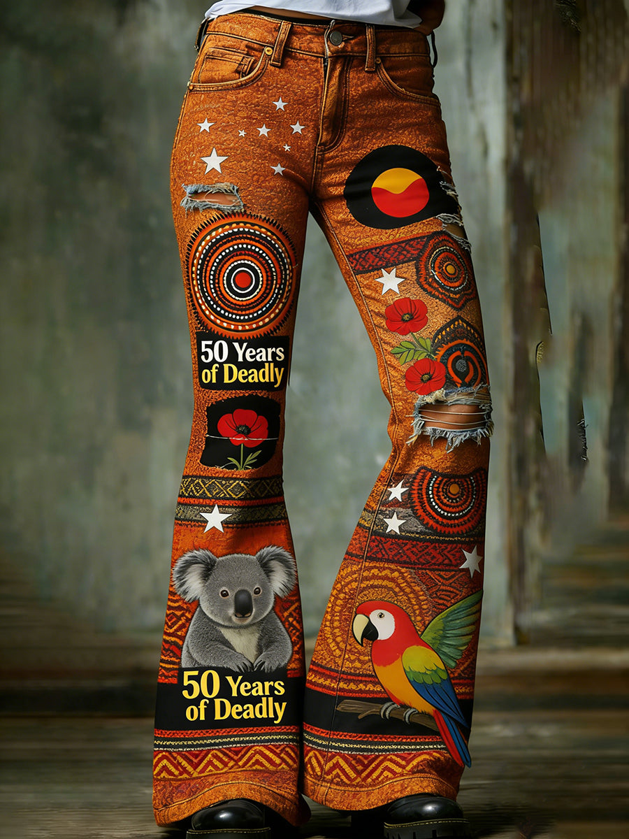 Retro Australian-Style Art Print Casual Jeans
