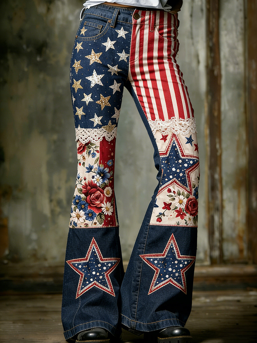 Women's Vintage American-Style Floral Patchwork & Print Casual Jeans