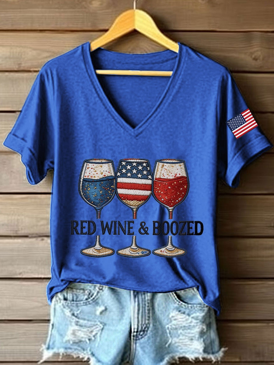 Women's Red Wine & Boozed Embroidery Pattern V-Neck T-Shirt