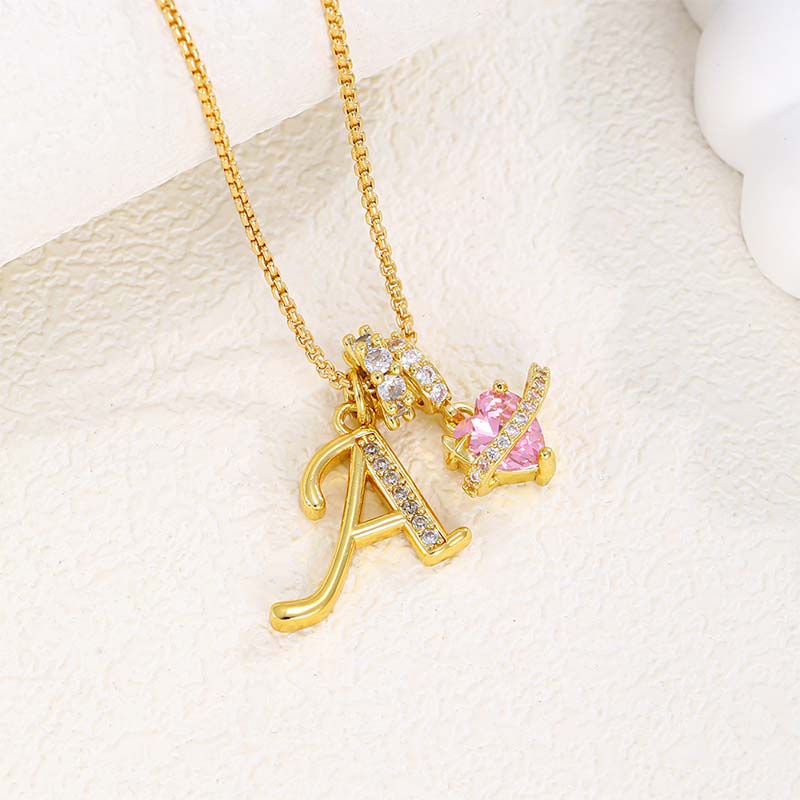 Initial Letter Necklace with Pink Heart Charm
