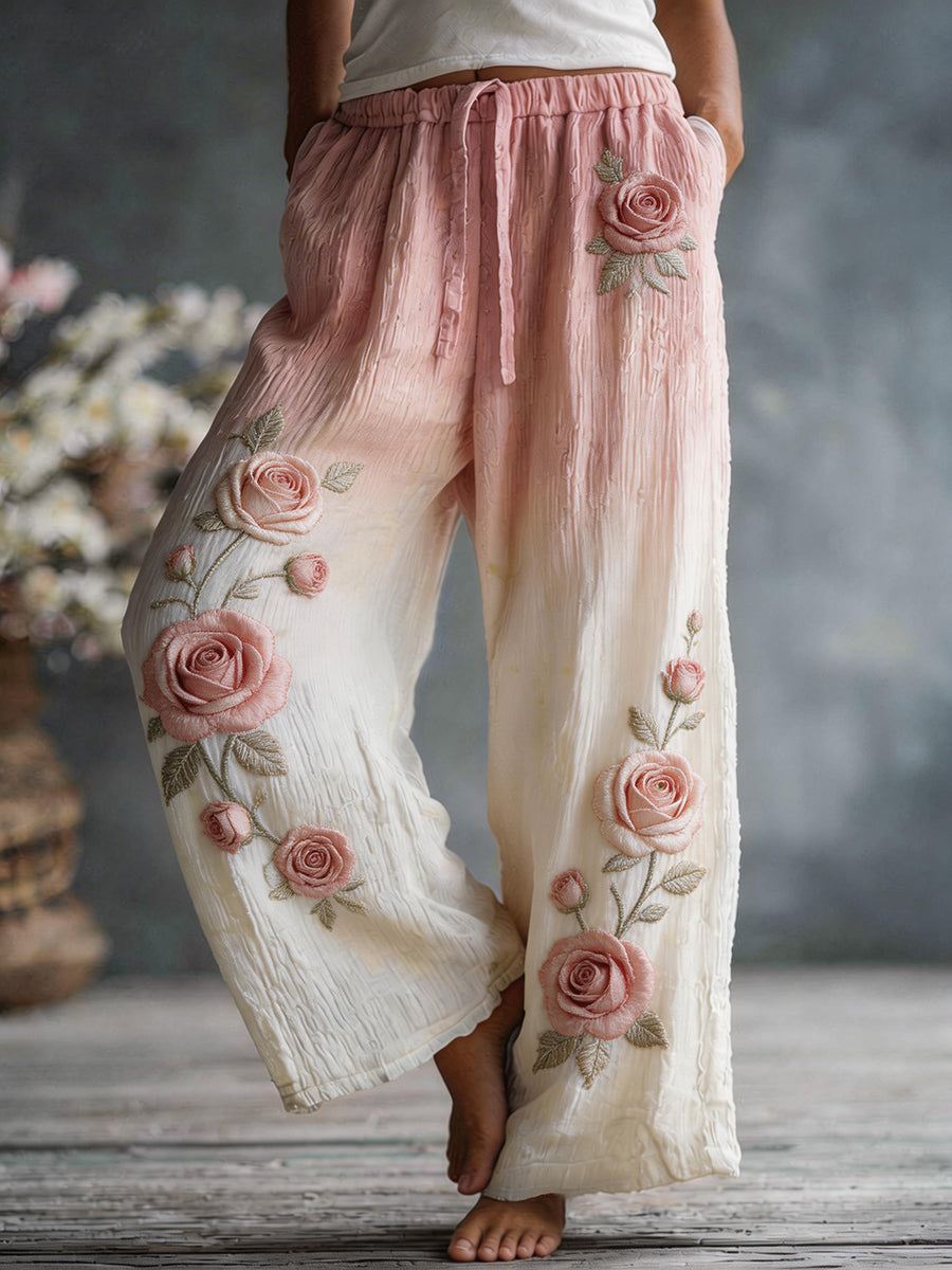 Women's Pink Rose Floral Pattern Linen Blend Pants