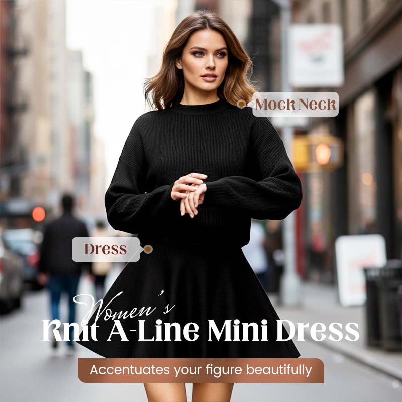 Women's Mock Neck Knit A-Line Mini Dress