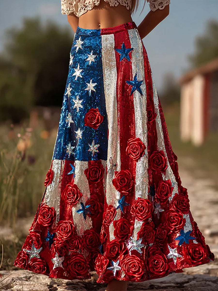 Women's Vintage American-Style Floral Patchwork Print Skirt