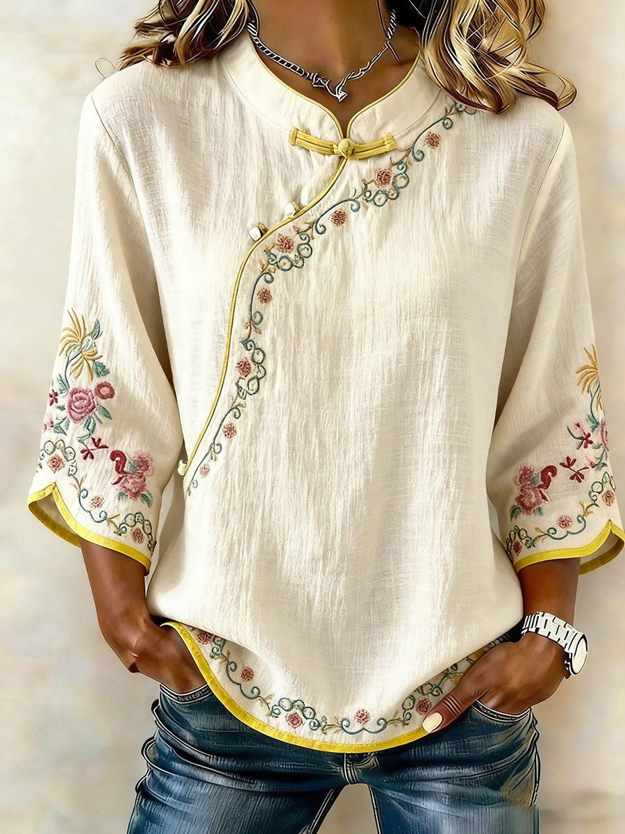 Women's Floral Cotton and Linen T-Shirt