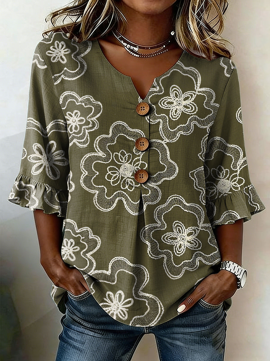 Women's Casual Floral Linen Shirt
