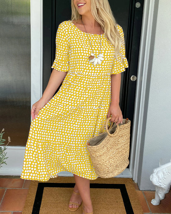 🎁 Hot Sale🎁50%OFF💥Round Neck Polka Dot Print Midi Dress