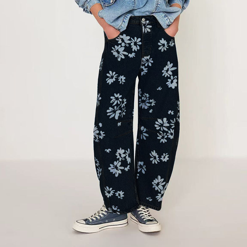 Women's Floral Print Barrel-Leg Jeans