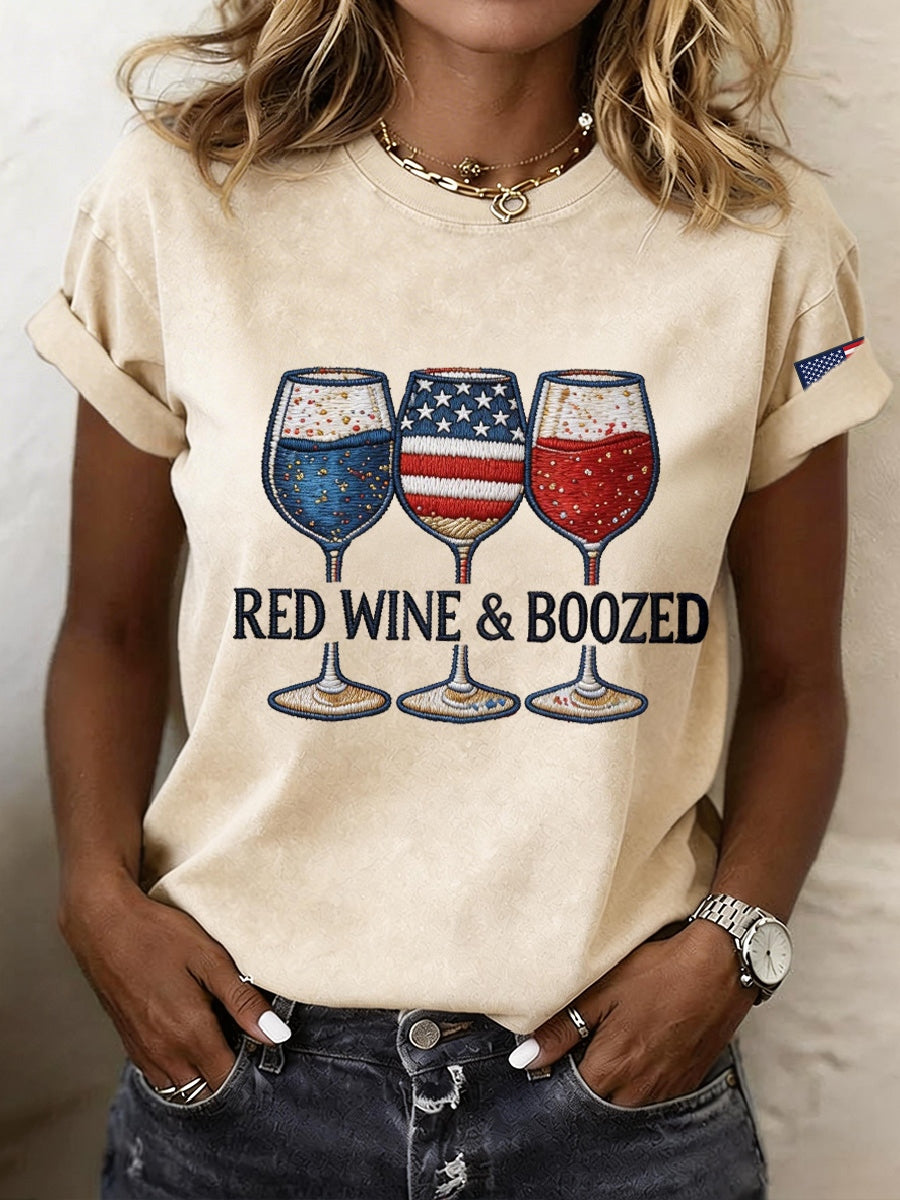Women's Red Wine & Boozed Embroidery Pattern T-Shirt