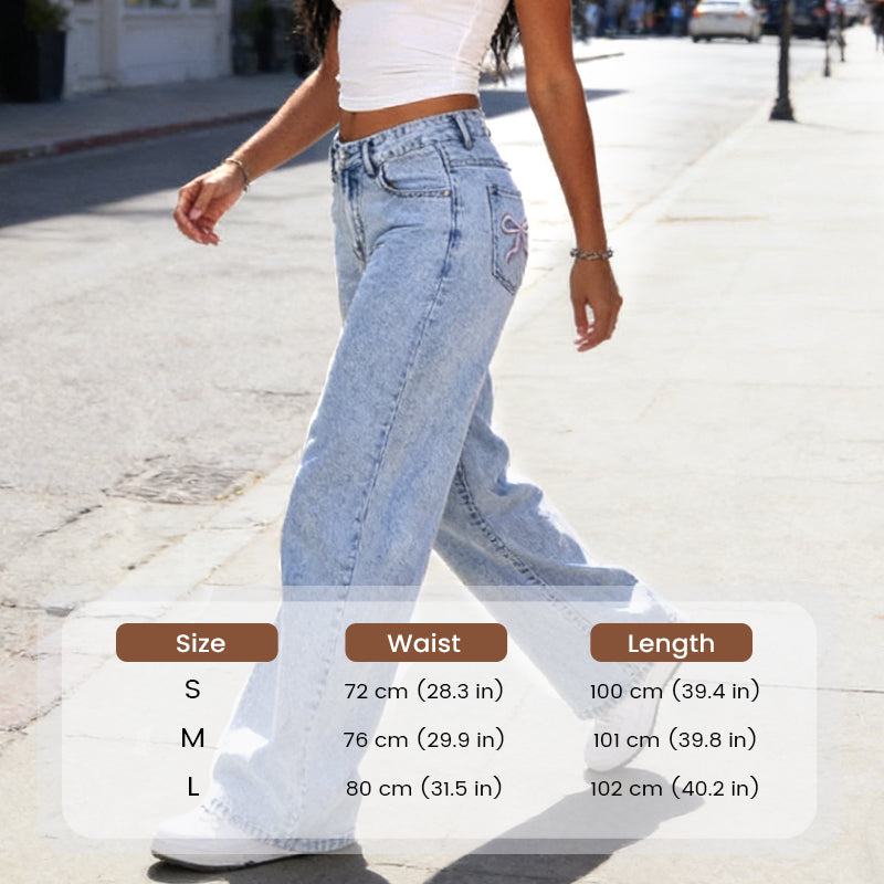 Bow Embroidered High-Waist Straight-Leg Jeans